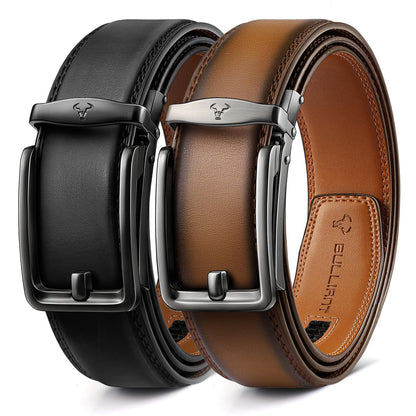 HOTBULLIANT Men Ratchet Belt 2 Pack, Click Sliding Leather Belt Adjustable for Gift Men Dress Casual Jeans 1 3/8,Cut for Fit
