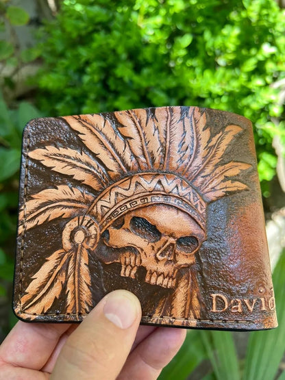 HOTIndian Skull Motorcycle, Red Man, Native American Skull Wallet, 3D Genuine Leather Wallet, Hand Carved, Leather Carving, Carving Wallet, Airbrush Art, Custom wallet, Biker Wallet, A