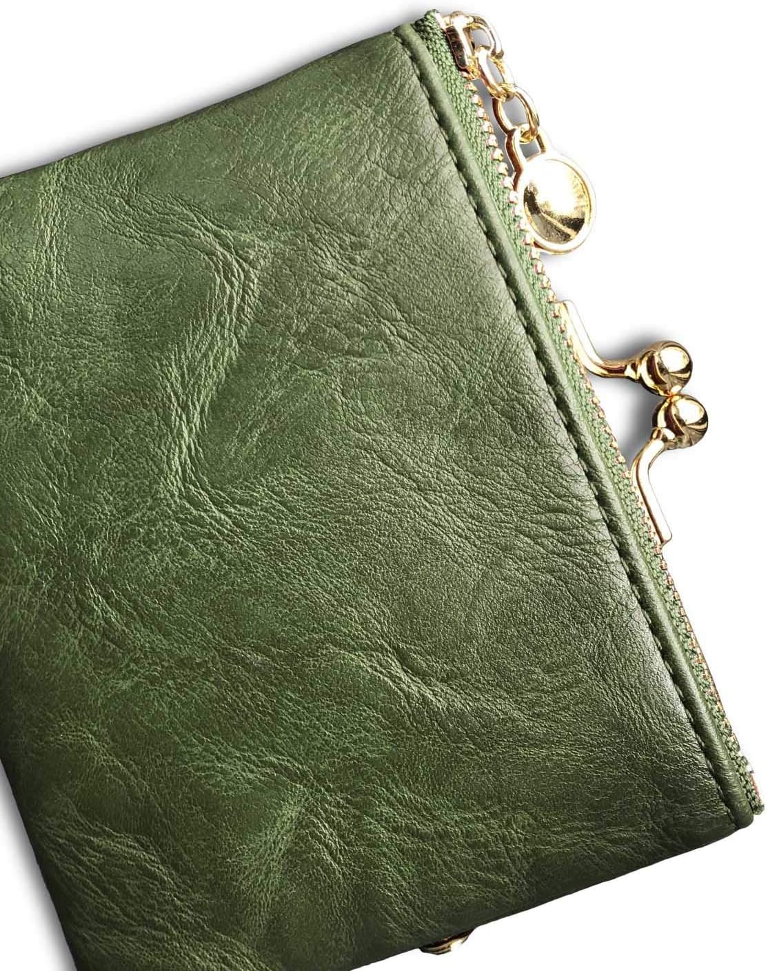 HOTPofeeXIO Womens Wallet RFID Small Compact Bifold Leather Vintage Wallet,Ladies Coin Purse with Zipper and Kiss Lock