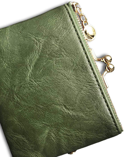 HOTPofeeXIO Womens Wallet RFID Small Compact Bifold Leather Vintage Wallet,Ladies Coin Purse with Zipper and Kiss Lock