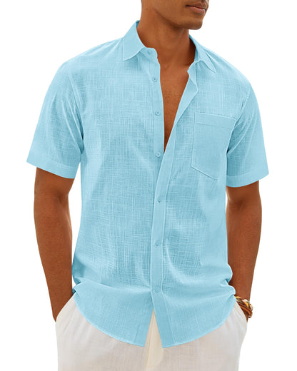 HOTMens Linen Textured Shirt Cotton Short Sleeve Summer Button Down Shirts | 100% Cotton, Linen-look Texture, Casual Wear, Breathable Feel, Lightweight, Untucked, Regular Fit, Beach, Vacation, Resort