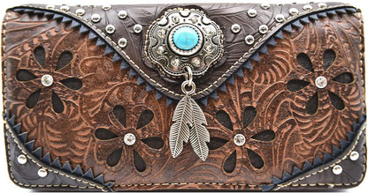 HOTWestern Feather Tooled Leather Floral Laser Cut Flower Purse Studs Single Shoulder Bag Clutch Women Trifold Wristlets Wallet (Coffee)