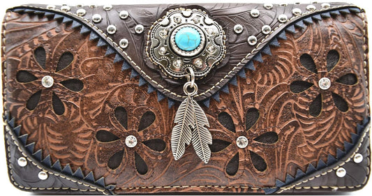 HOTWestern Feather Tooled Leather Floral Laser Cut Flower Purse Studs Single Shoulder Bag Clutch Women Trifold Wristlets Wallet (Coffee)