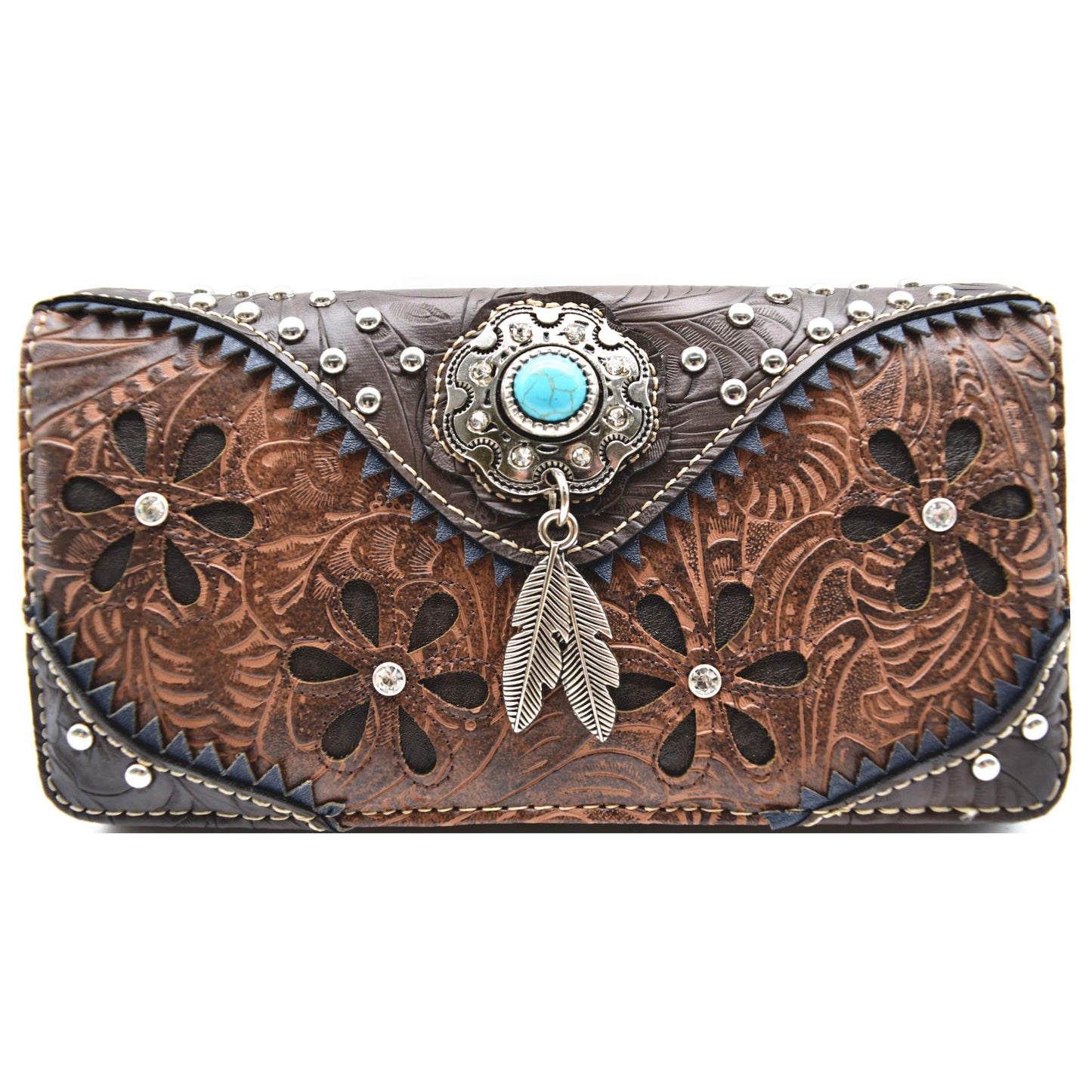 HOTWestern Feather Tooled Leather Floral Laser Cut Flower Purse Studs Single Shoulder Bag Clutch Women Trifold Wristlets Wallet (Coffee)