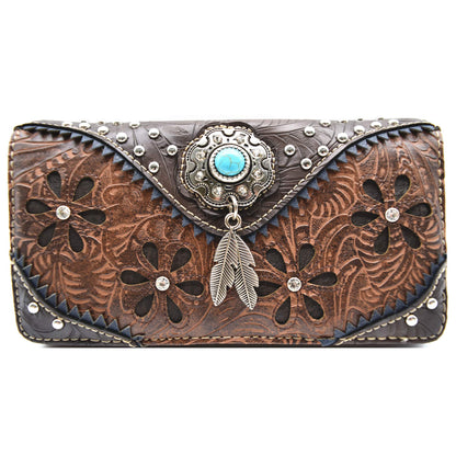 HOTWestern Feather Tooled Leather Floral Laser Cut Flower Purse Studs Single Shoulder Bag Clutch Women Trifold Wristlets Wallet (Coffee)