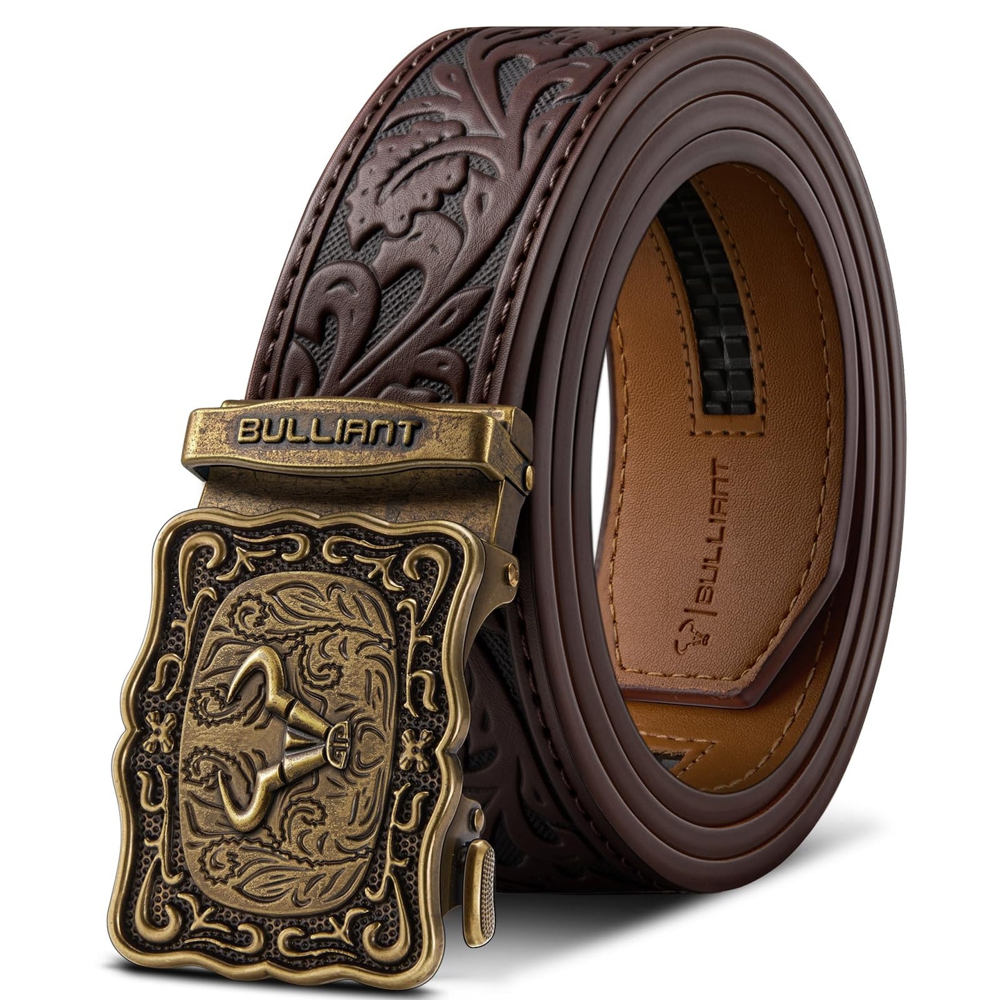 HOTBULLIANT Men Ratchet Western Trimmable Belt 1.5" Adjustable Fit Gift Boxed | Smooth Sliding | Precise Fit | Tailored Size | Holeless for Dress or Casual