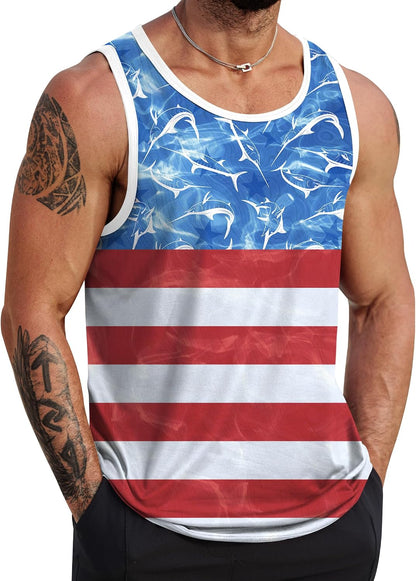 HOTVOGSTART Mens Hawaiian Beach Tank Tops Summer Vacation Muscle Top Graphic Sleeveless Shirts (S-3XL)