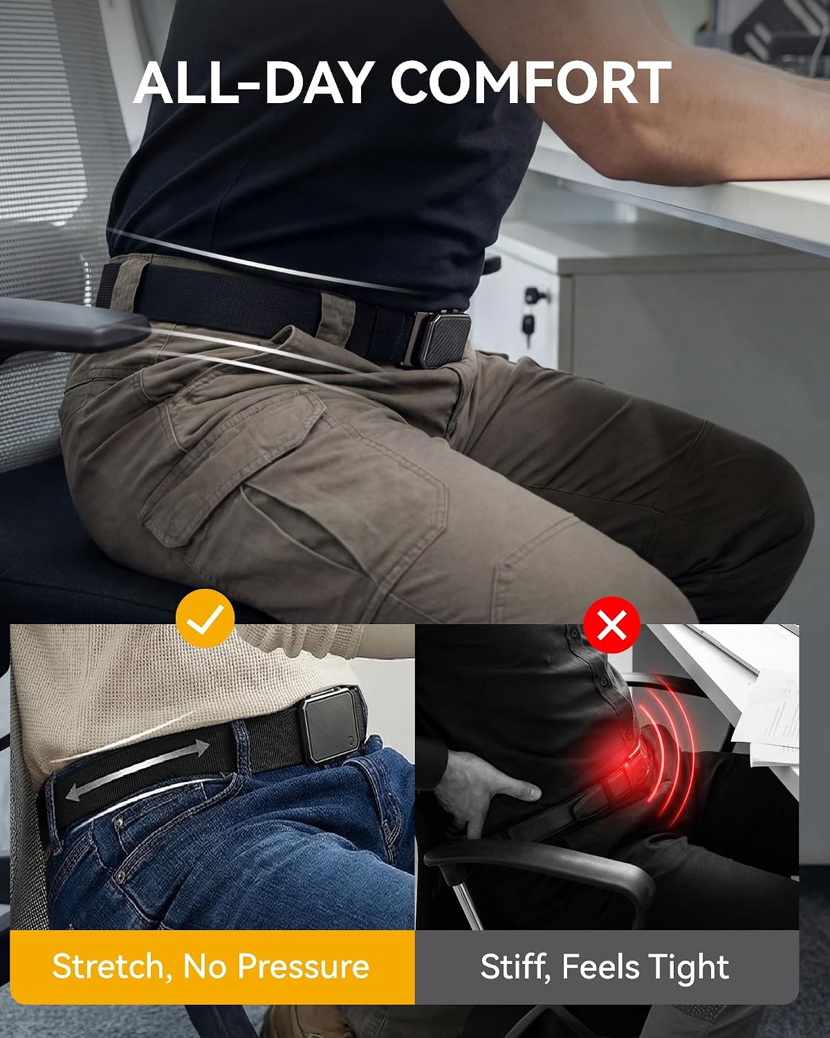 HOTCHAOREN Mens Ratchet Belt – 1.5" Stretch Nylon Belts for Casual, Work, Golf – Adjustable Fit for Everyday Comfort