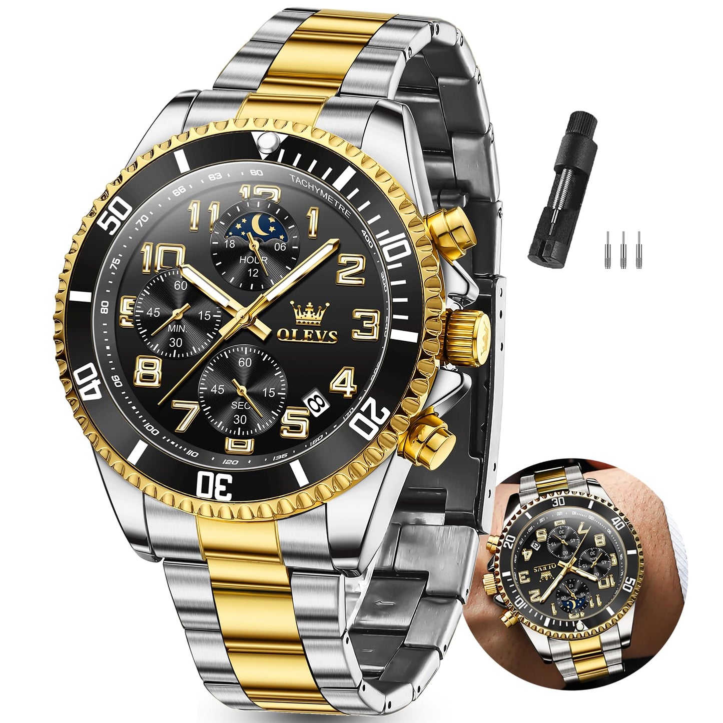 HOTOLEVS Watches Men Waterproof Luxury Big Face Mens Watch Stainless Steel Day Date Quartz Analog Dress Watches for Men Luminous Reloj para Hombres (Green/Blue/Black/Gold)