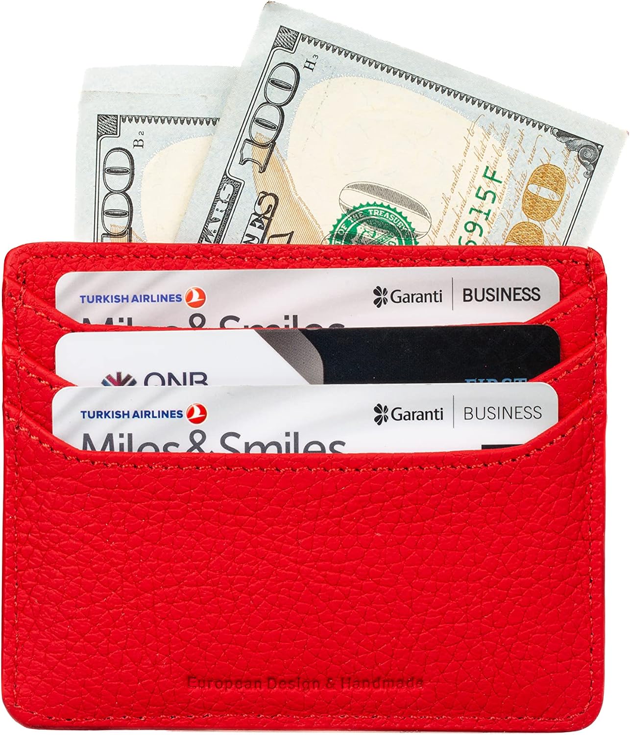 HOTgrande 3633 Genuine Leather Card Holder For Women and Men Super Slim Minimalist Small Snap Wallet (Red)