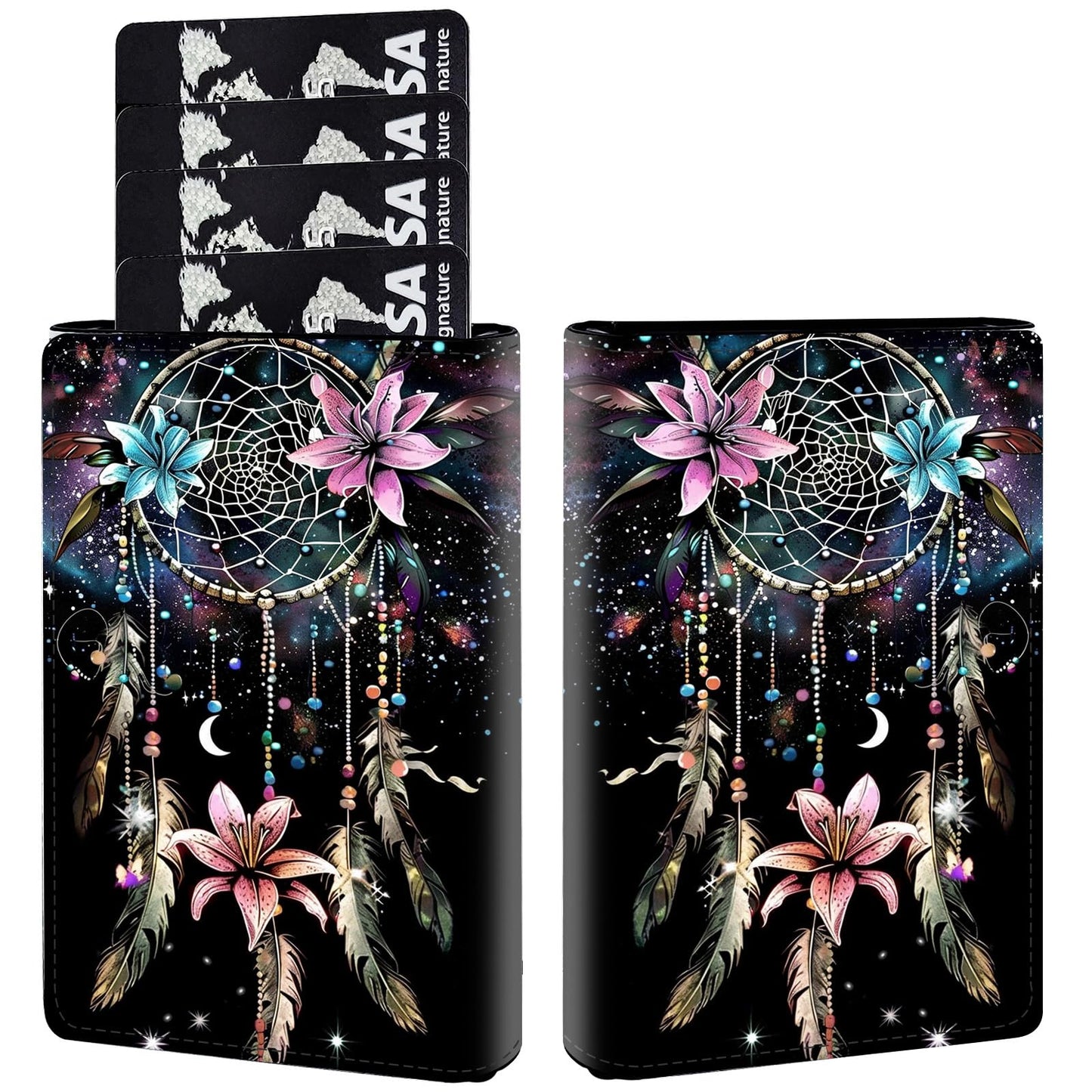 HOTPop Up Wallet Women Men with Money Slot,RFID Blocking Leather Minimalist Automatic Credit Card Holder Business Trifold Card Case-Cherry Blossoms