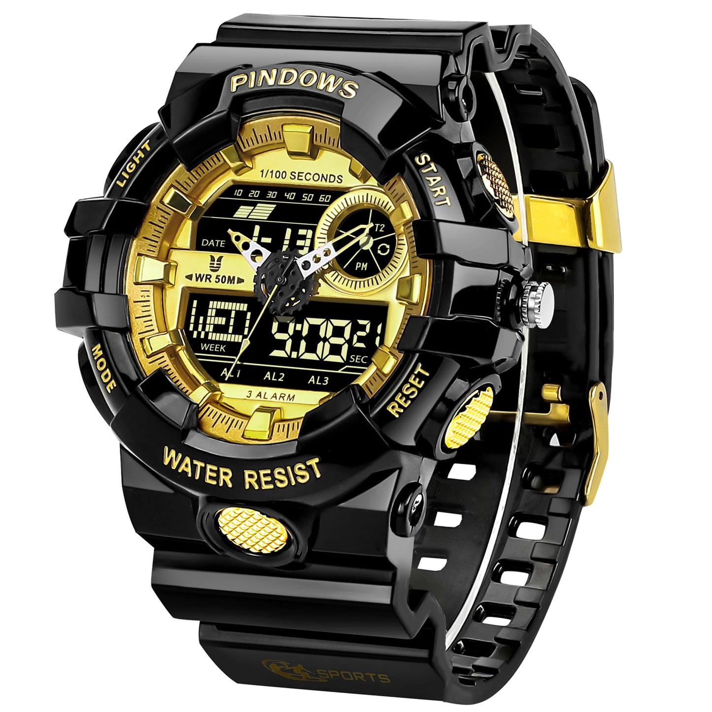 HOTPINIDOUS Mens Watch for Men Digital Sport Watch Transparent Gold Watches Waterproof Watches with 3 Alarms/Countdown/Stopwatch/Digital-Analog/Dual Time/Light/Military Multifunctional Wrist Watch