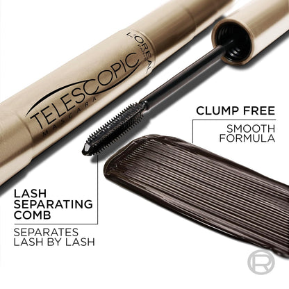 HOTL’Oreal Paris Makeup Original Telescopic Mascara, Separating Mascara Volume and Length Formula, Washable, Blackest Black, 0.27 Fl Oz., 1 Count