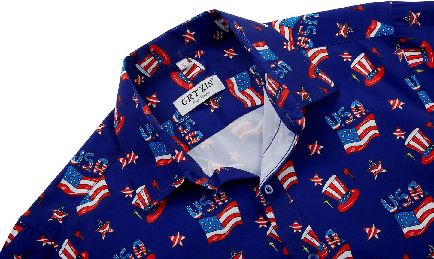 HOTMens American Flag Shirt - Patriotic Shirts for Men Short Sleeve Button Down Hawaiian Shirts