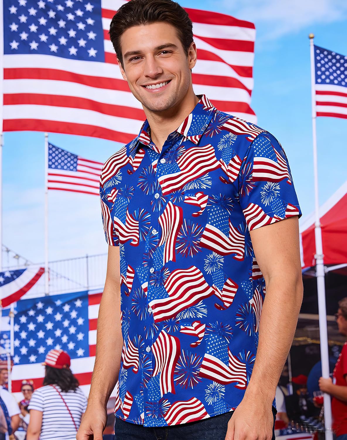HOTuideazone Mens 4th of July American Flag Patriotic Shirt M-XXL | USA Short Sleeve Button Up Shirt for Independence Day, Memorial Days, Flag Day, 4th of July Parties, Beach Trips and Daily