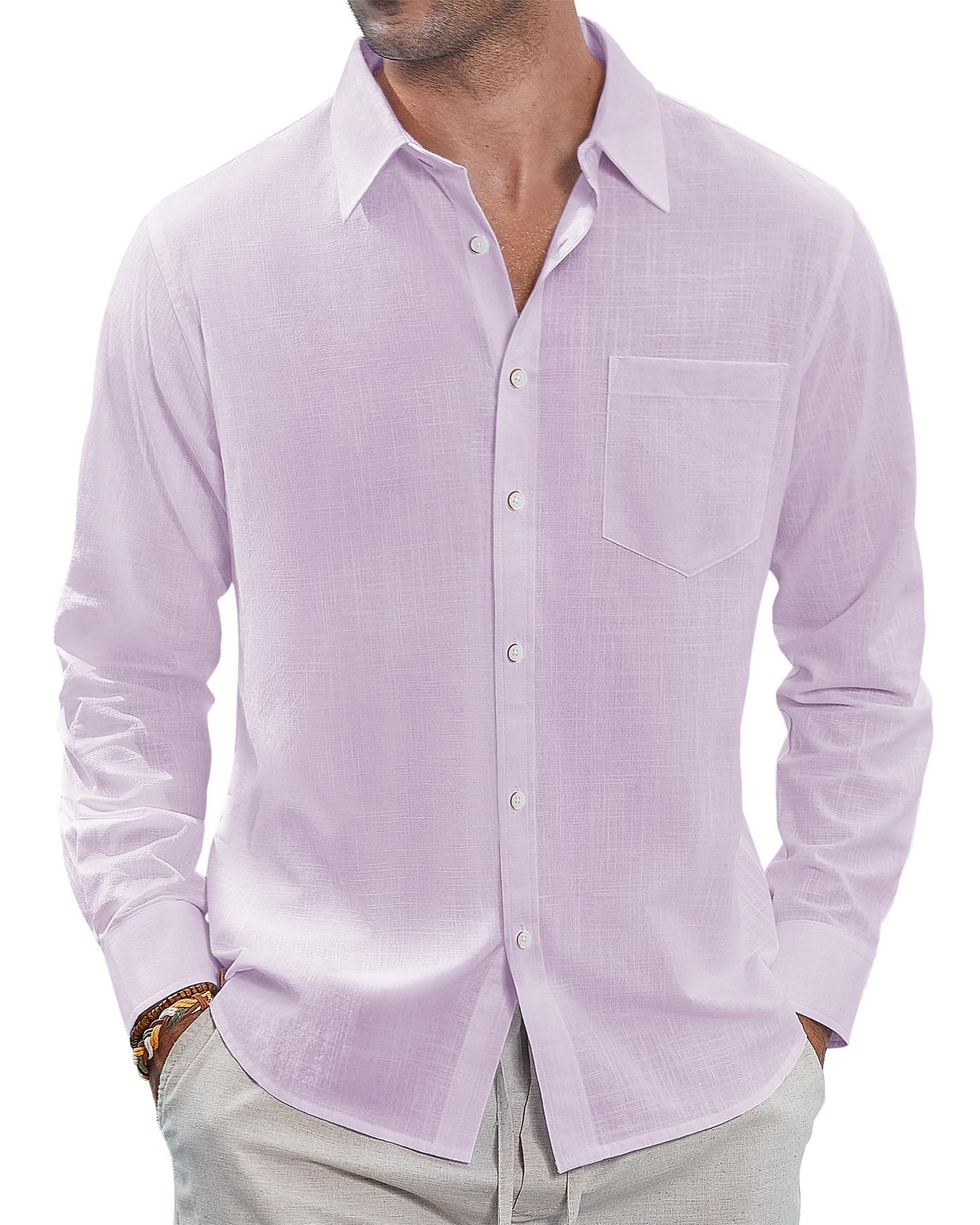 HOTJ.VER Men's Linen Shirts Casual Button Down Long Sleeve Shirt Solid Spread Collar Summer Beach Shirts with Pocket