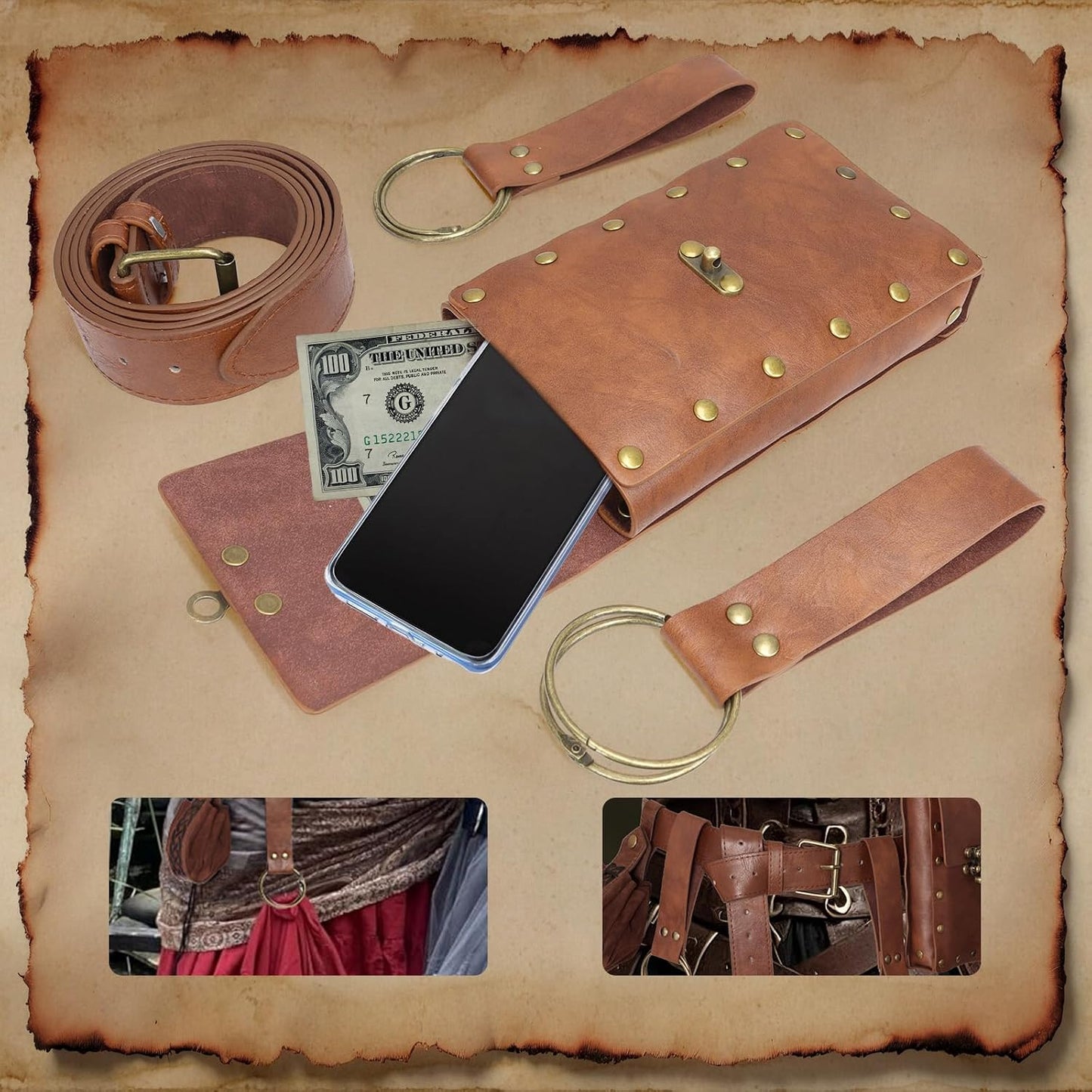 HOTRenaissance Belt Pouch Medieval Viking Pirate Leather Bag Potion Bottle Set Skirt Hike Halloween Cosplay Costume Accessorie