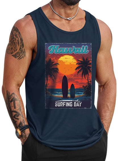 HOTVOGSTART Mens Hawaiian Beach Tank Tops Summer Vacation Muscle Top Graphic Sleeveless Shirts (S-3XL)