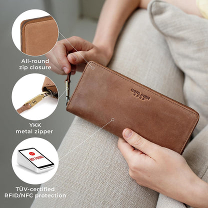 HOTBERLINER BAGS Genuine Leather Zip Wallet Women Palma, Gift Box – Brown | Soft Leather Zip Around Wallet, 14 Card Slots, 1 ID Window, 2 Bill Compartments, Zippered Coin Pocket, RFID Blocking