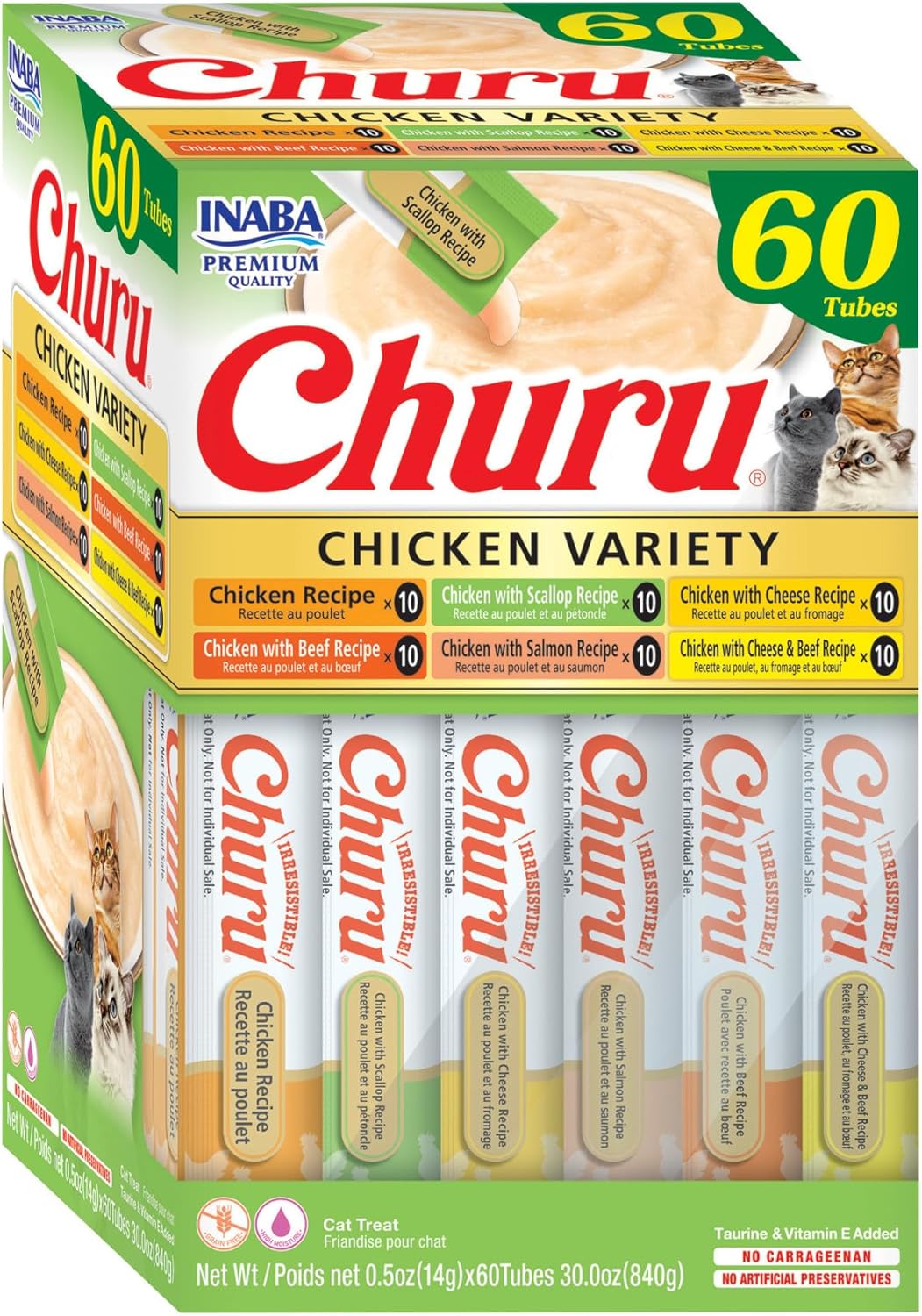 HOTINABA Churu Cat Treats, Lickable, Squeezable Creamy Purée Cat Treat with Green Tea Extract & Taurine, 0.5 Ounces Each Tube, 60 Tubes, Chicken Variety Box