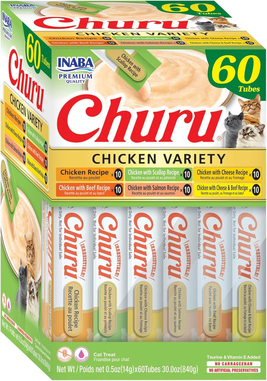 HOTINABA Churu Cat Treats, Lickable, Squeezable Creamy Purée Cat Treat with Green Tea Extract & Taurine, 0.5 Ounces Each Tube, 60 Tubes, Chicken Variety Box
