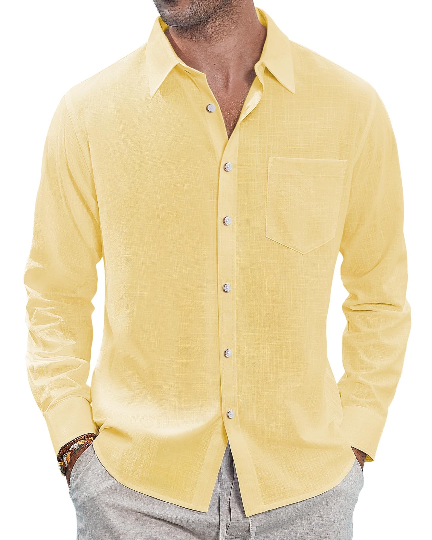 HOTJ.VER Men's Linen Shirts Casual Button Down Long Sleeve Shirt Solid Spread Collar Summer Beach Shirts with Pocket