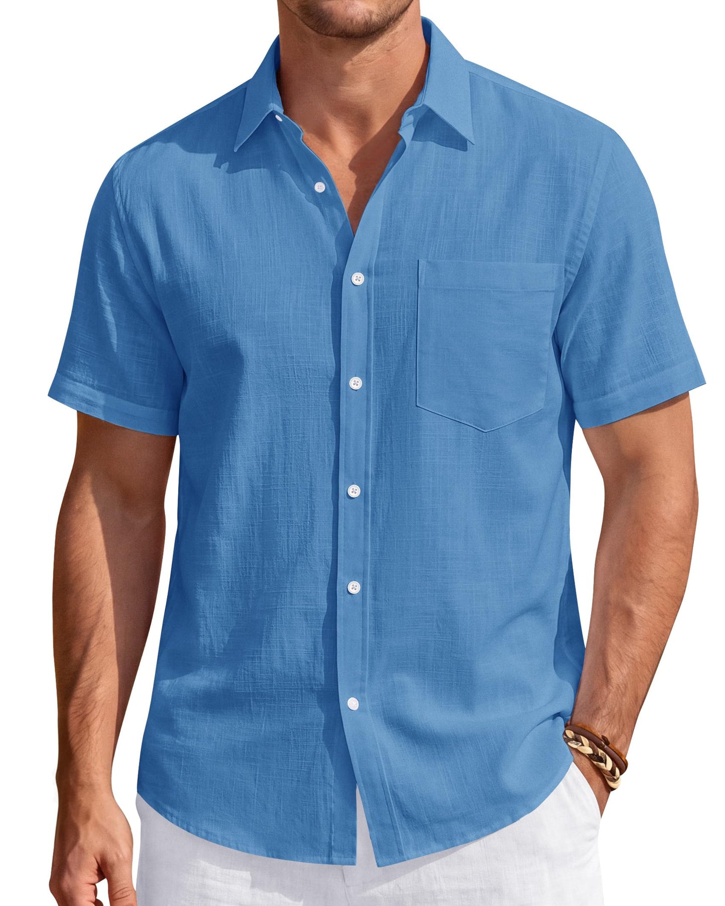 HOTJ.VER Mens Linen Shirt Short Sleeve Button Down Casual Summer Shirts | Cotton Linen, Untucked, Big Tall, from Beach Camp Vacation, Cruise Fishing, Work Office, to Wedding Party Family, with Pocket