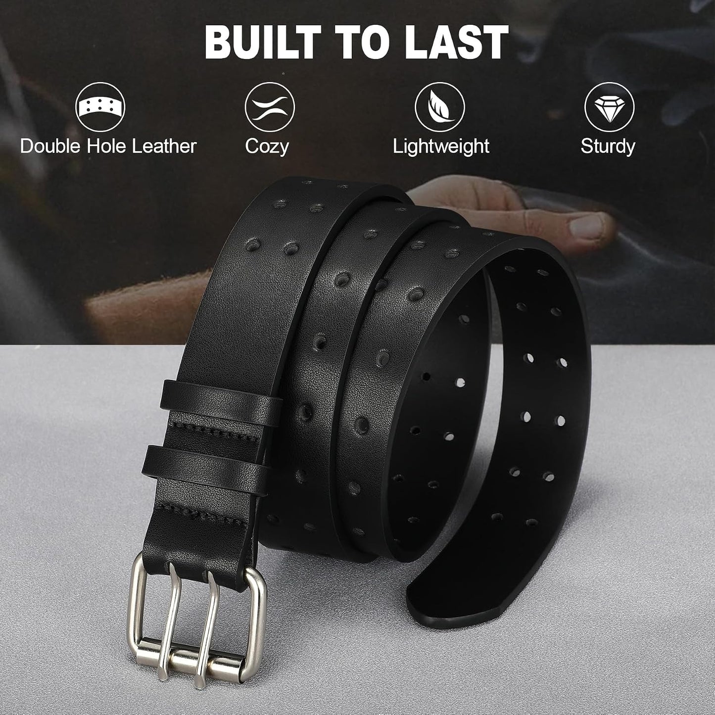 HOTVONMELLI Mens Leather Double Prong Belt Work Casual Belts for Men Black Belt with Heavy Duty Dual Holes for Jeans