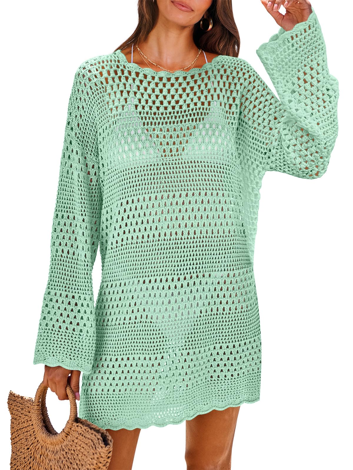 HOTANRABESS Women Swimsuit Crochet Swim Cover Up 2026 Summer Bathing Suit Swimwear Mesh Knit Beach Dress Vacation Outfits