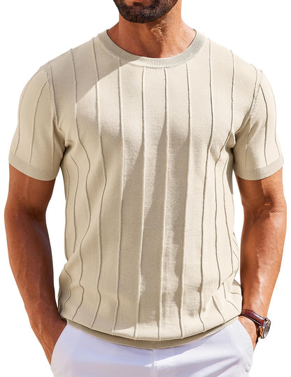 HOTCOOFANDY Men's T- Shirts Short Sleeve Knit Sweater Shirt Casual Crewneck Ribbed Pullover Tees