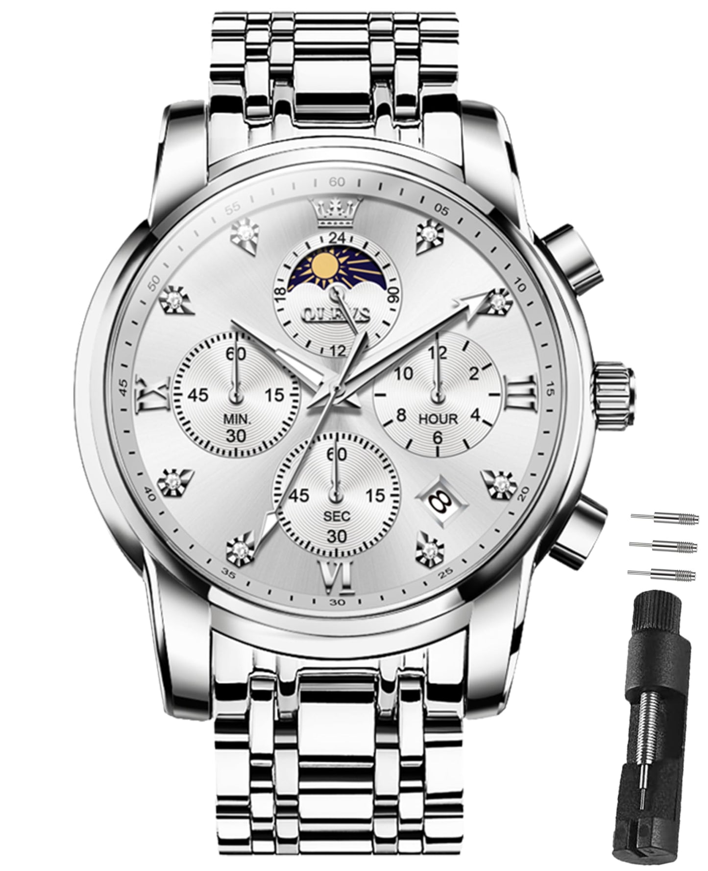 HOTOLEVS Watches for Men Dress Watch Chronograph Luxury Stainless Steel Big Face Men Watches Multi-Function Easy to Read Diamond Roman Numerals Business Wristwatch Reloj para Hombre