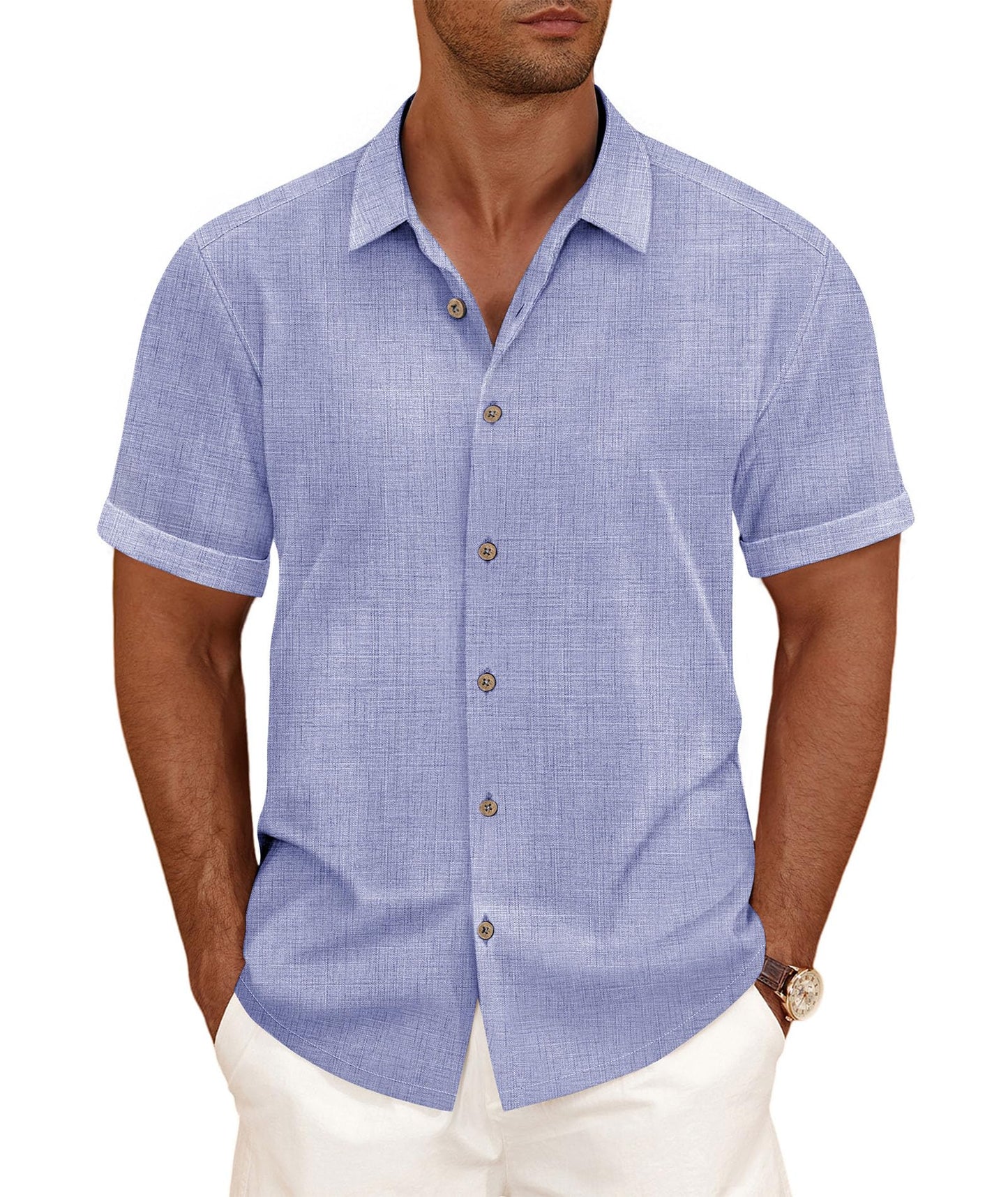 HOTCURBODO Linen Blend Shirts for Men Casual Short Sleeve Button Down Shirt Cool Summer Beach Wedding Vacation Tops