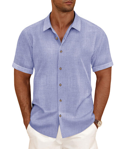 HOTCURBODO Linen Blend Shirts for Men Casual Short Sleeve Button Down Shirt Cool Summer Beach Wedding Vacation Tops