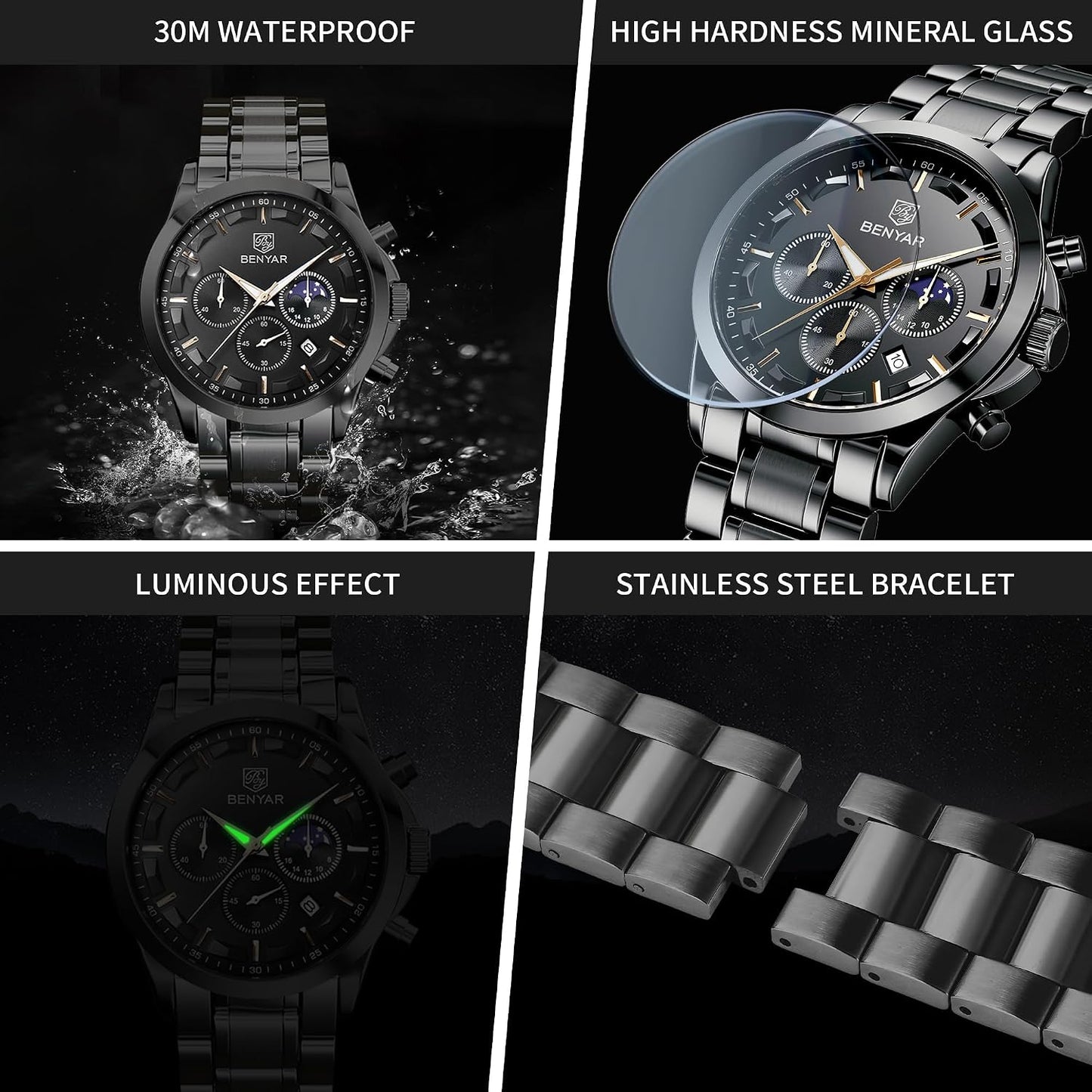 HOTBENYAR Mens Watches Analog Quartz Chronograph Waterproof Wrist Watches for Men Fashion Business Work Casual Sport Designer Dress Watch with Calendar Elegant Gifts for Men