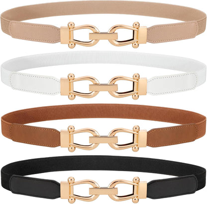 HOTWERFORU 4 Pack Women Skinny Elastic Waist Belt Gold Buckle Stretchy Thin Belt for Jeans Dress