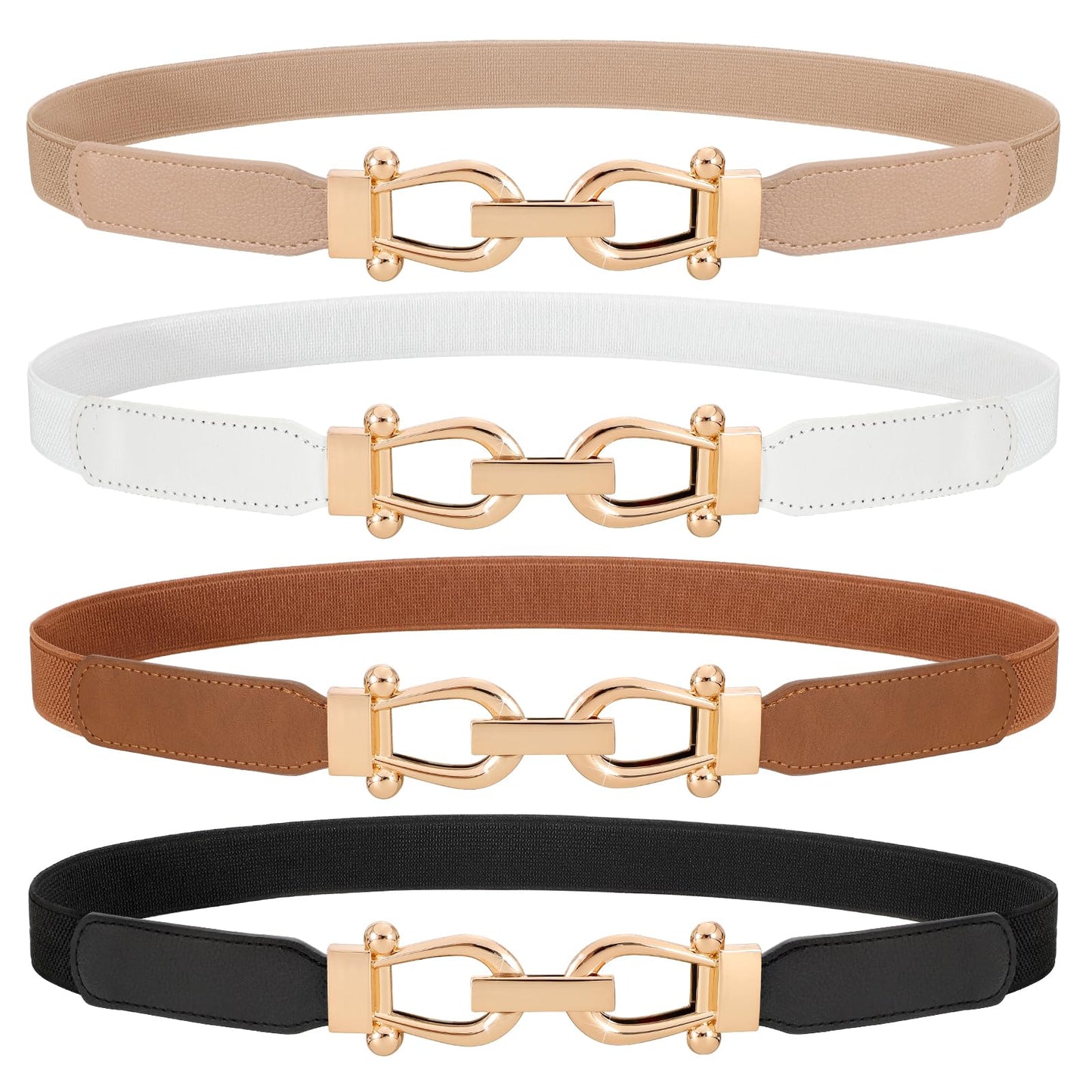 HOTWERFORU 4 Pack Women Skinny Elastic Waist Belt Gold Buckle Stretchy Thin Belt for Jeans Dress