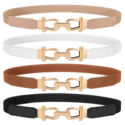 HOTWERFORU 4 Pack Women Skinny Elastic Waist Belt Gold Buckle Stretchy Thin Belt for Jeans Dress