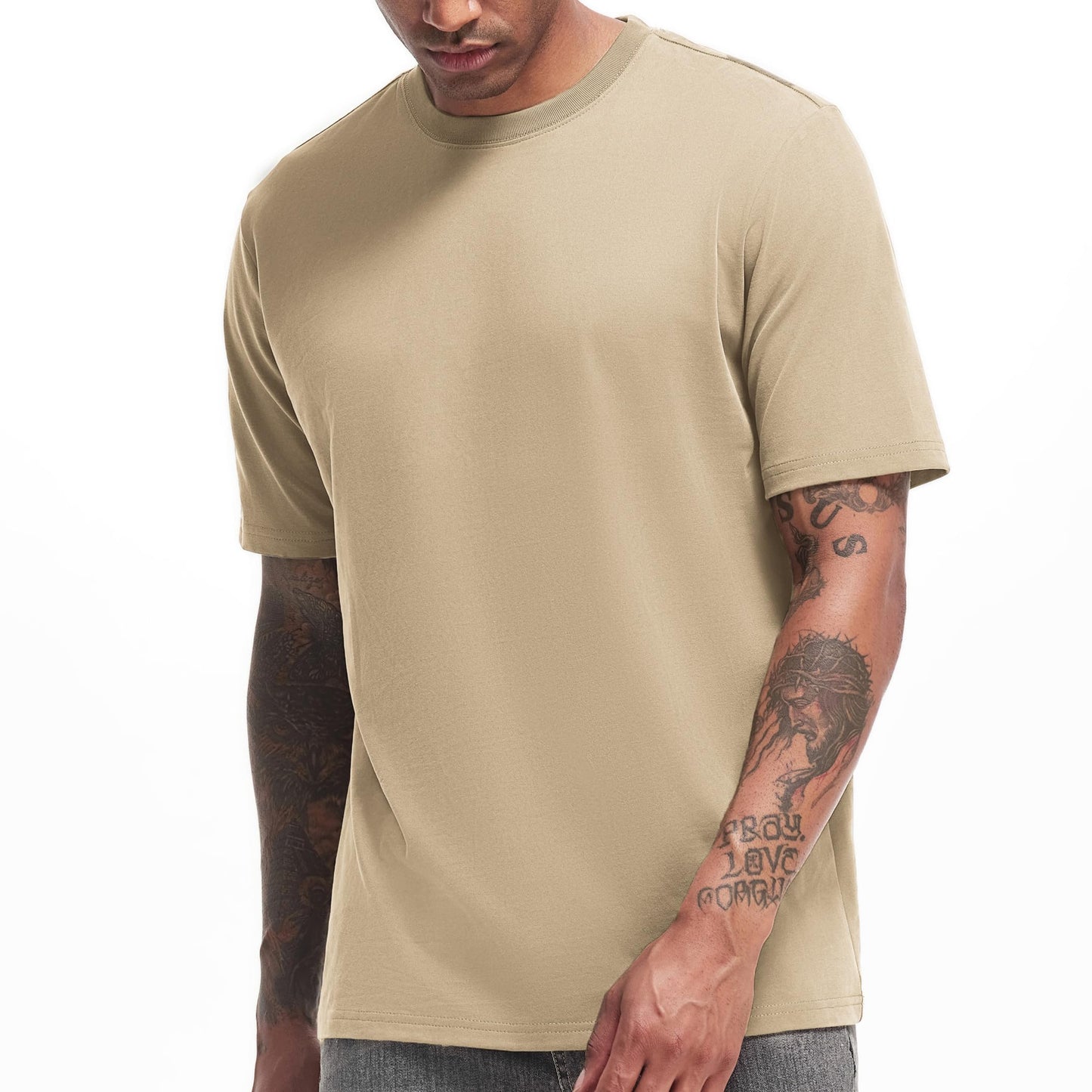 HOTVEIISAR Men's Heavy Weight Crew Neck T-Shirt Mens Premium Cotton Tee - Pre Shrunk S-3XL