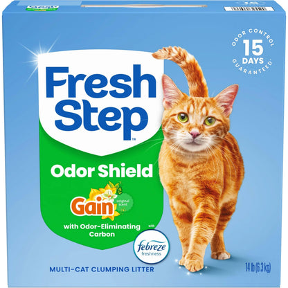 HOTFresh Step Odor Shield Multi Cat Clumping Cat Litter With Febreze Freshness in Gain Scent, Low Dust, Odor Control with Ammonia Block Tech, Compatible in Automatic Litter Boxes, 14 lb.