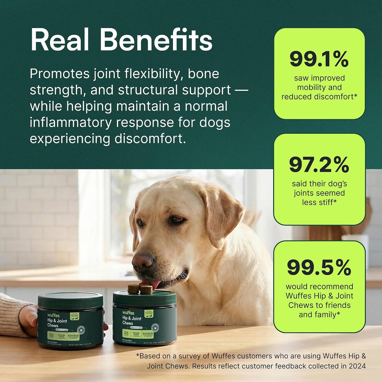 HOTWuffes Advanced Dog Hip and Joint Supplement with Glucosamine, Chondroitin, Omega 3, MSM, and Green Lipped Mussel, 60 Pork Flavored Chews for Small and Medium Dog Breeds