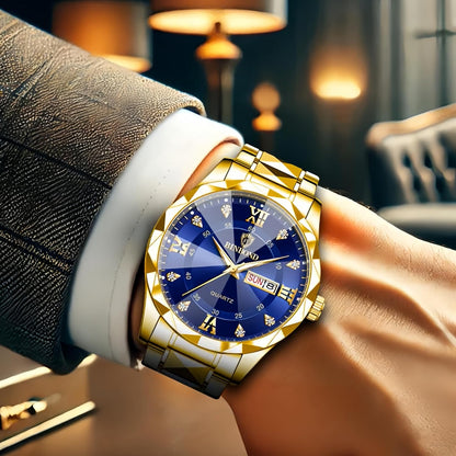 HOTGosasa Luxury Men's and Women's Business Diamond Stainless Steel Waterproof Roman Numeral Analog Quartz Watch with Day-Date Calendar, Gold and Silver Tone