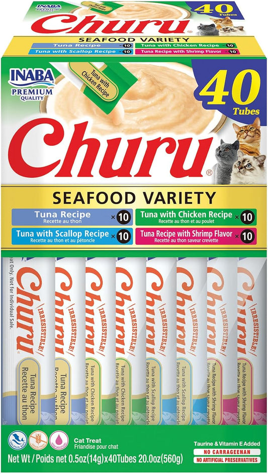 HOTINABA Churu Cat Treats, Lickable, Squeezable Creamy Purée Cat Treat with Green Tea Extract & Taurine, 0.5 Ounces Each Tube, 40 Tubes, Tuna & Seafood Variety Box