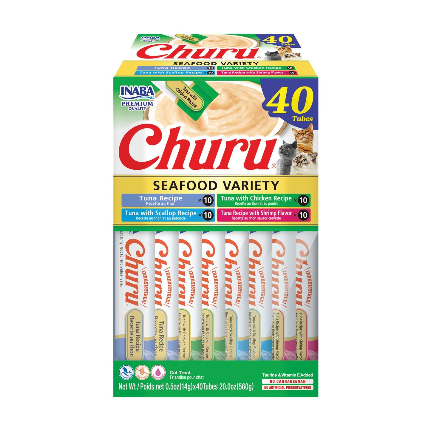 HOTINABA Churu Cat Treats, Lickable, Squeezable Creamy Purée Cat Treat with Green Tea Extract & Taurine, 0.5 Ounces Each Tube, 20 Tubes, Tuna Variety Box