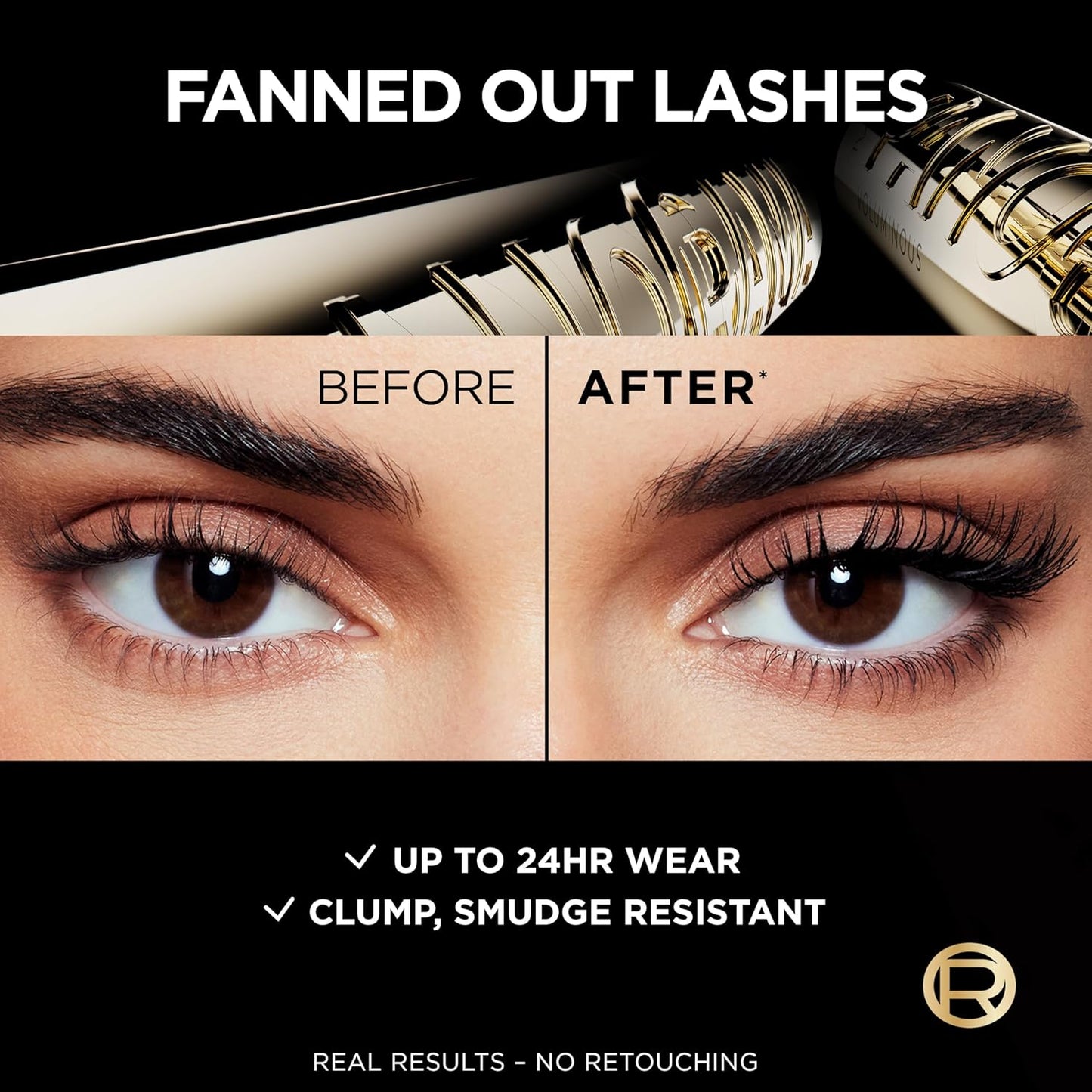 HOTL'Oreal Paris Voluminous Panorama Mascara, Volumizing and Lengthening Mascara, Washable Longwear and Smudge Resistant Make Up, Blackest Black, 0.33 Fl Oz