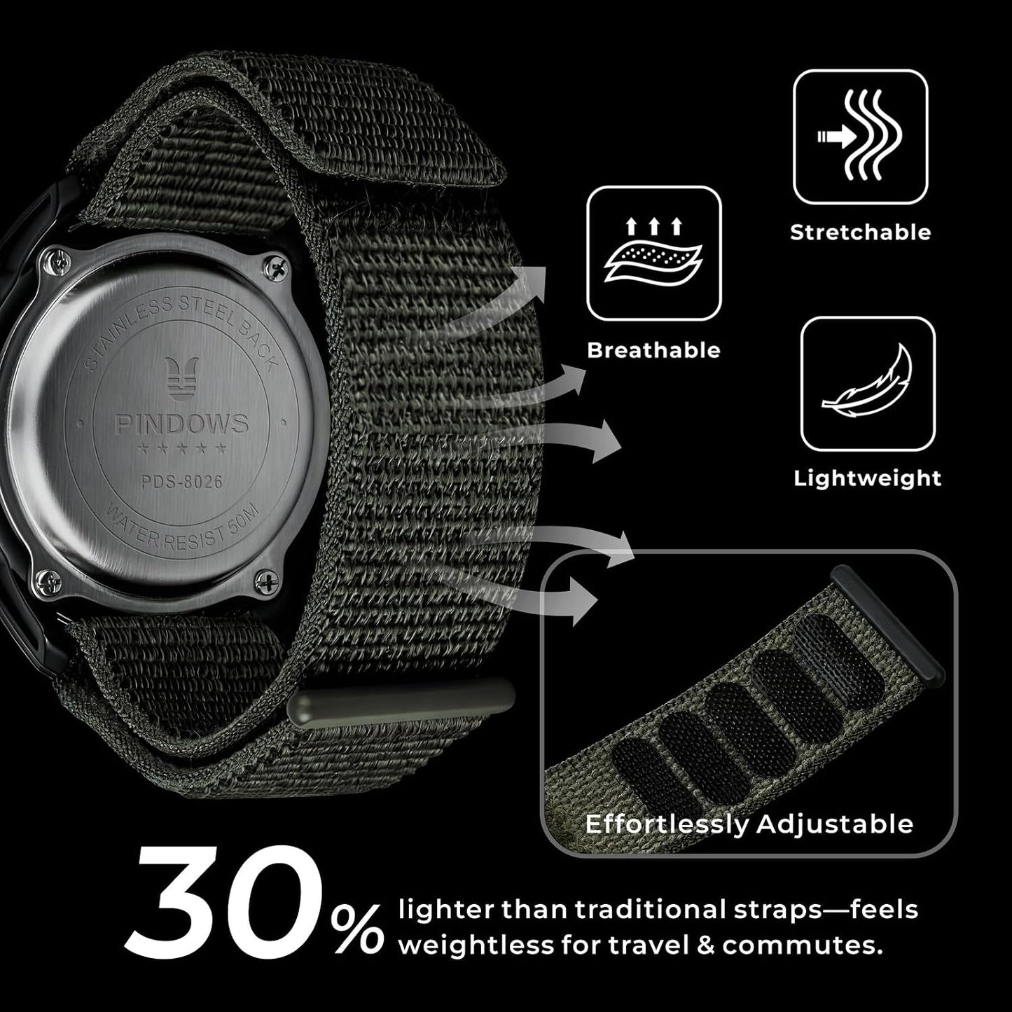 HOTPINDOWS Men's Digital Watch, 50M Waterproof Military Tactical Sport | 10M drop-resistant case, 3X bright LED backlight, and an infinitely adjustable breathable nylon band for a custom fit