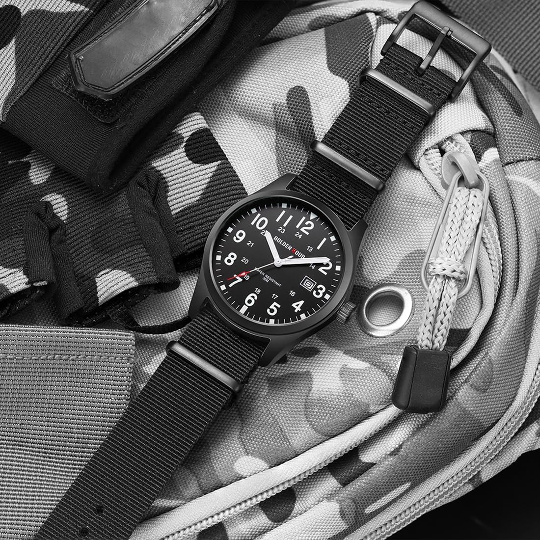 HOTGOLDEN HOUR Men's Nylon Slip-Thru Strap Watch with Military Time Easy Read Dial Glowing Hands