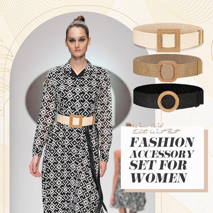 HOTSyhood 3 Pieces Straw Woven Elastic Waist Belt for Women Bohemian Dress Braided Belt