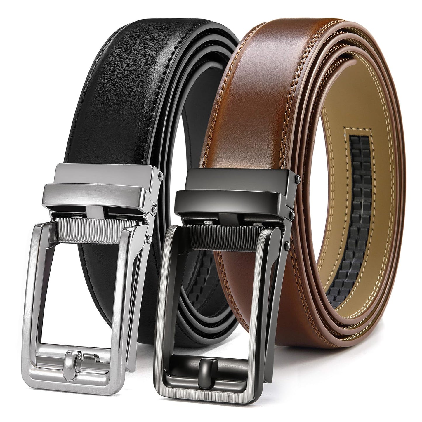 HOTCHAOREN Click Belts for Men 2 Pack - Mens Ratchet Leather Belt 1 3/8" for Dress and Casual - Micro Adjustable Belt Fit