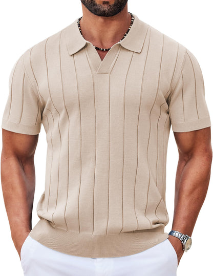HOTCOOFANDY Mens Polo Shirts Short Sleeve V Neck Knit Shirts for Men Casual Old Money Clothes Mens Golf Shirt