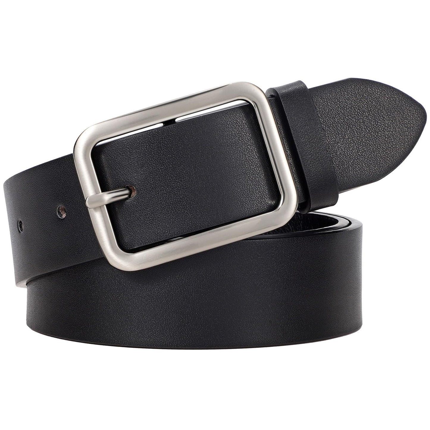 HOTWERFORU Women Classic Black Leather Belt With Square Silver Buckle For Jeans Pants,1.3" width